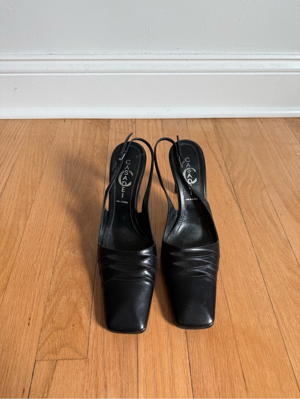 Casadei Black Leather Square-Toe Slingback Heels